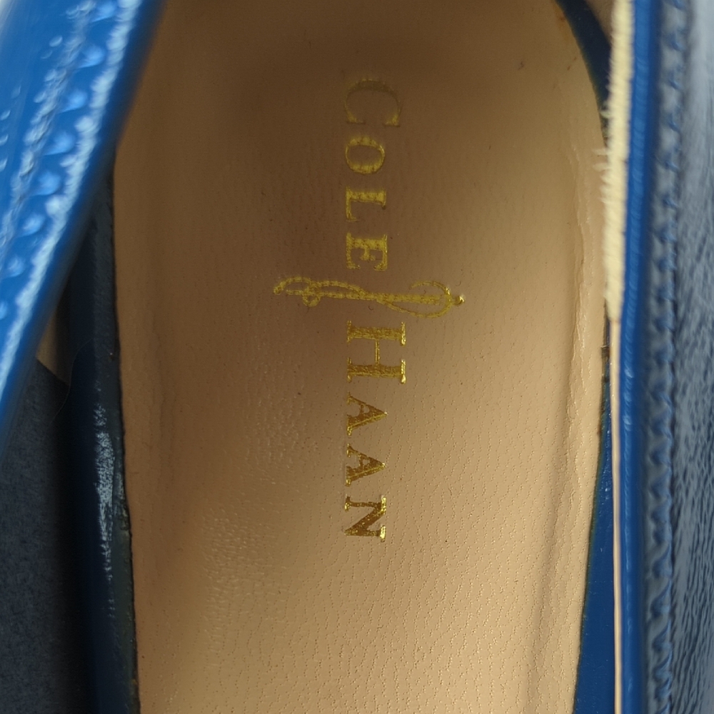 Bright blue Cole Haan peep toe low wedges - Picture 2 of 5
